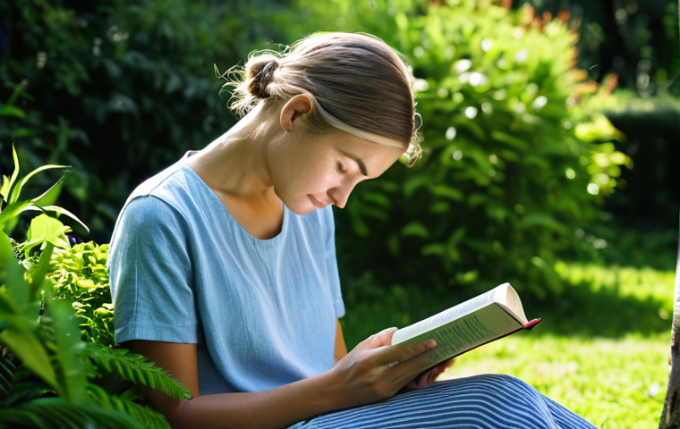 Digital Detox**
A woman in comfortable, modest clothing is peacefully reading a physical book in a sunlit garden, surrounded by lush greenery. Her phone is out of sight. The scene evokes a sense of calm and disconnection from technology. Natural lighting, soft focus, peaceful atmosphere, fully clothed, safe for work, appropriate content, professional, modest, perfect anatomy, correct proportions, natural pose, well-formed hands, proper finger count, natural body proportions.
**