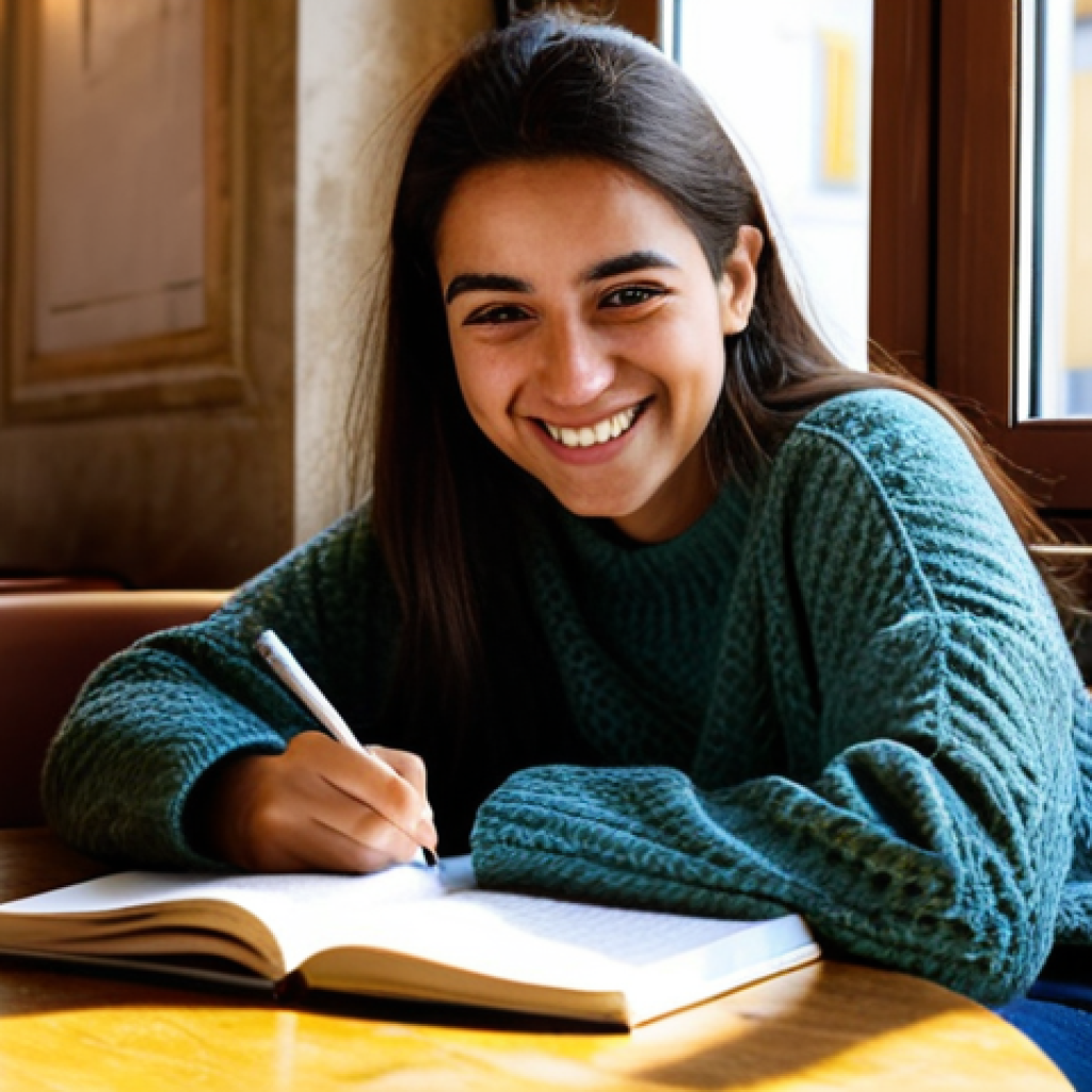 테크노사피엔스 시대의 정체성 혼란 - Authentic Self**
"A young Portuguese woman with a warm smile, sitting at a café in Lisbon, writing ...
