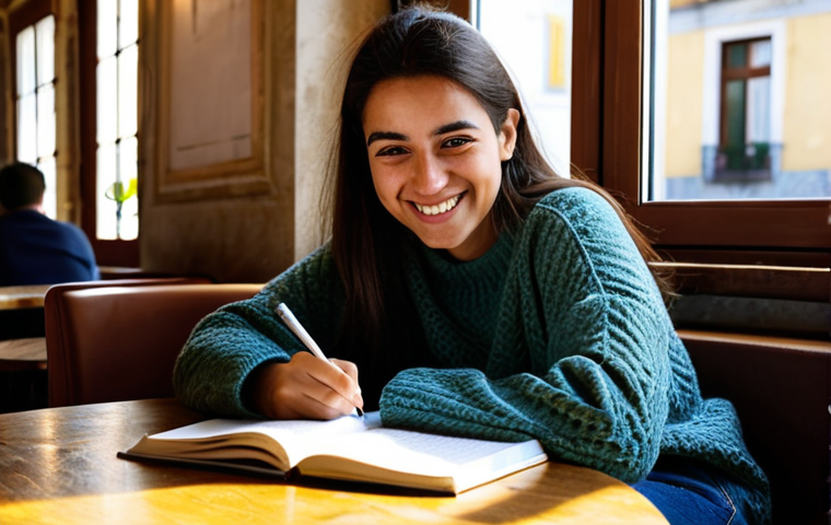 테크노사피엔스 시대의 정체성 혼란 - Authentic Self**
"A young Portuguese woman with a warm smile, sitting at a café in Lisbon, writing ...