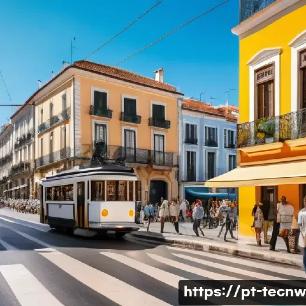 테크노사피엔스와 기술에 대한 사회적 태도 - **Prompt: "A vibrant, sunlit street scene in a modern Portuguese city, where historic architecture w...
