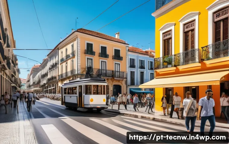 테크노사피엔스와 기술에 대한 사회적 태도 - **Prompt: "A vibrant, sunlit street scene in a modern Portuguese city, where historic architecture w...
