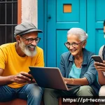 Home 22 테크노사피엔스와 사회적 연대 - A vibrant digital community scene showing diverse Brazilian people of various ages engaging via smar...