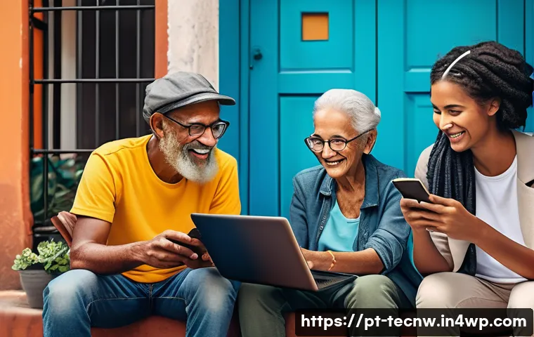 테크노사피엔스와 사회적 연대 - A vibrant digital community scene showing diverse Brazilian people of various ages engaging via smar...