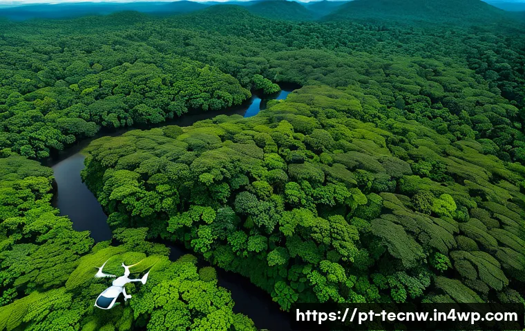 테크노사피엔스와 기후 변화 대응 - A high-tech environmental monitoring scene featuring multiple drones equipped with high-resolution c...