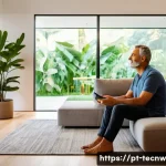 Home 20 테크노사피엔스의 실용적 응용 사례 - A modern smart home interior scene featuring a middle-aged Brazilian man using voice commands via a ...