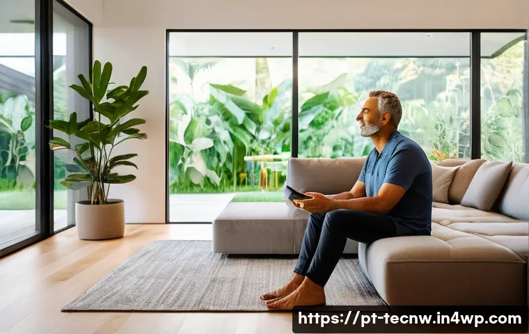 테크노사피엔스의 실용적 응용 사례 - A modern smart home interior scene featuring a middle-aged Brazilian man using voice commands via a ...