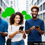 Home 19 테크노사피엔스와 소셜 미디어의 역할 - A diverse group of young adults in a modern Brazilian urban setting, engaging with smartphones and l...