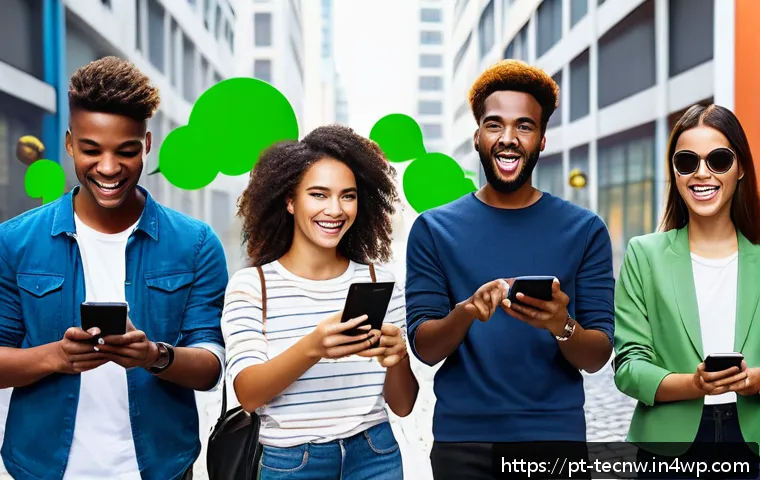 테크노사피엔스와 소셜 미디어의 역할 - A diverse group of young adults in a modern Brazilian urban setting, engaging with smartphones and l...