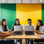Home 18 테크노사피엔스와 지식 공유의 중요성 - A vibrant digital classroom scene set in Brazil, showing a diverse group of adult students collabora...
