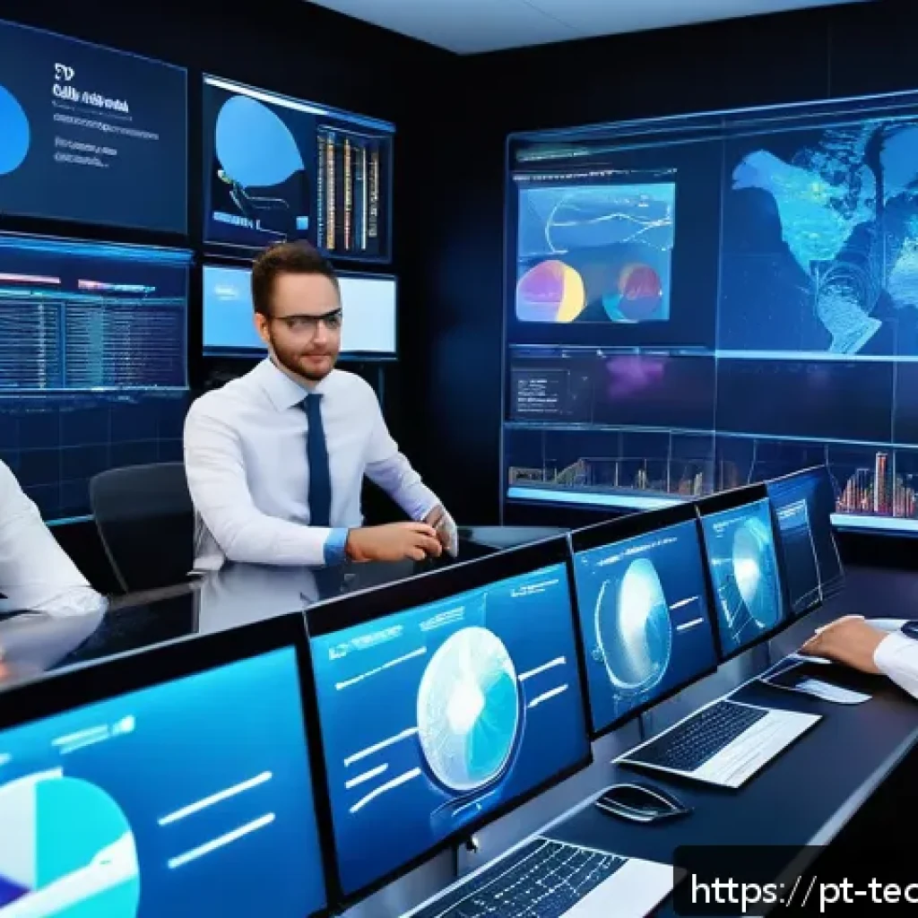 테크노사피엔스 시대의 의사결정 기술 - A modern corporate control room with a diverse team of professionals collaborating around large, int...