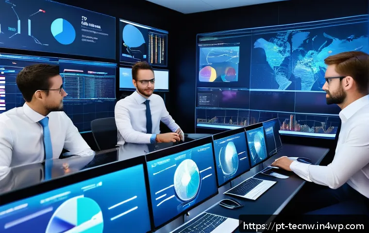 테크노사피엔스 시대의 의사결정 기술 - A modern corporate control room with a diverse team of professionals collaborating around large, int...
